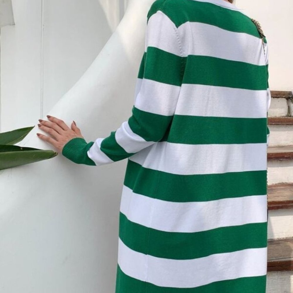 Colorblock stripes open front long Cardigan GREEN - Picture 3 of 5